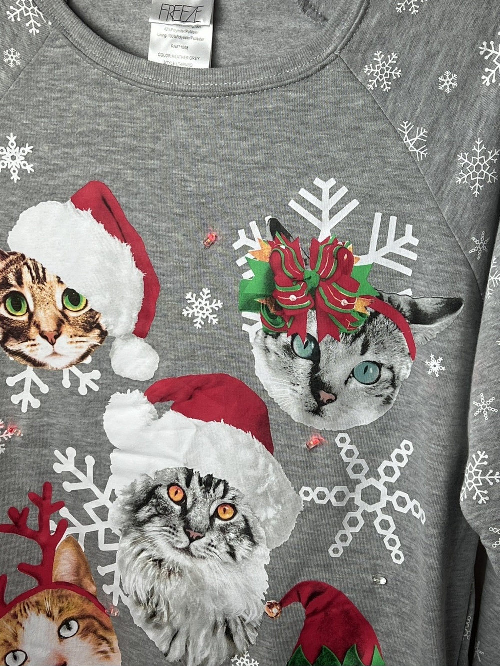 Freeze gray long sleeve cat light up Christmas sweater - Picture 6 of 7